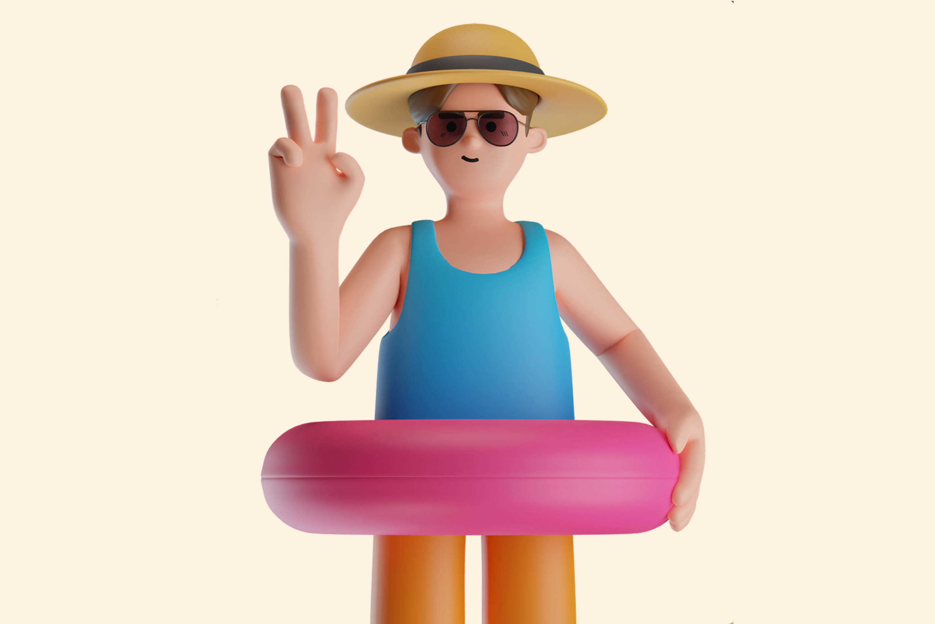 Advice 1st campaign featuring a holidaymaker with sunglasses, a sun hat and a pink swimming ring.