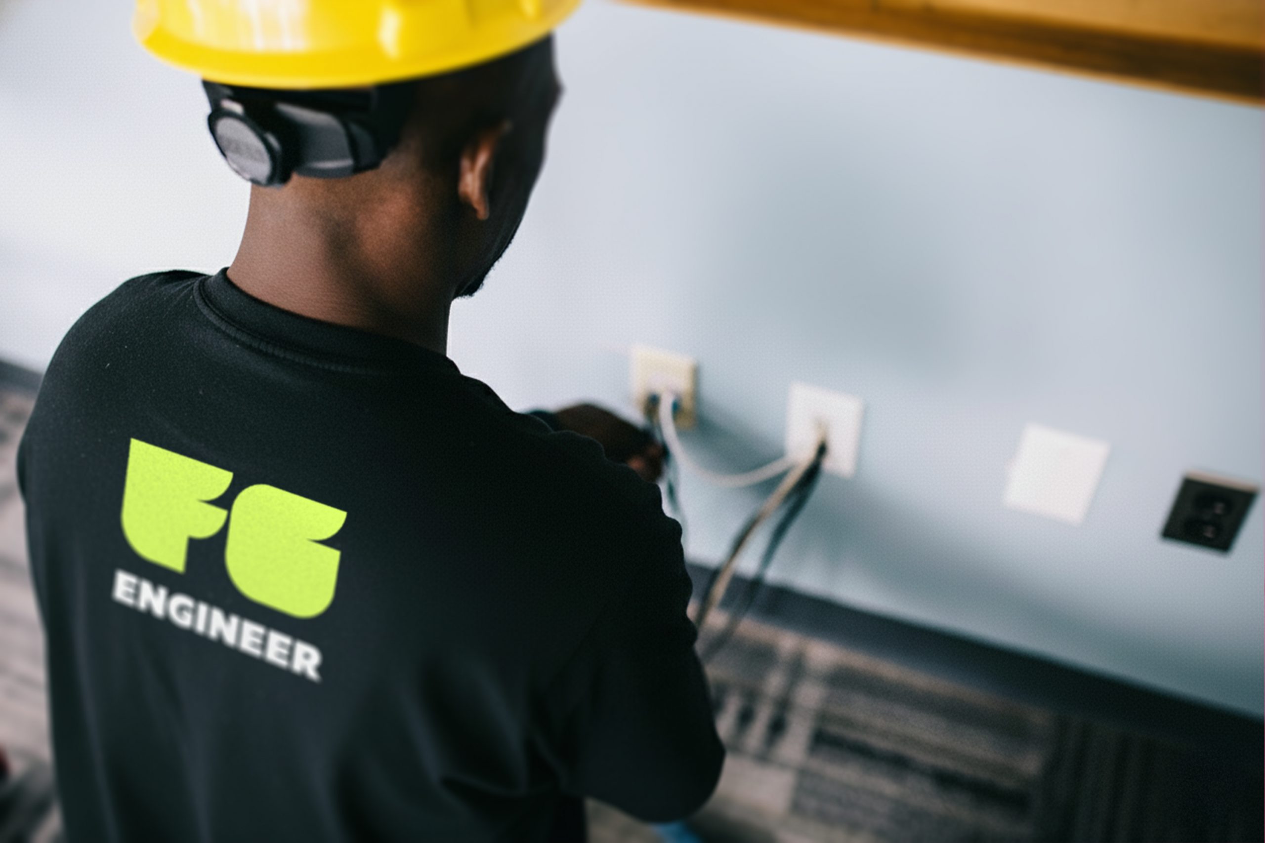 An engineer wearing a Future Group shirt, hard hat and safety glasses.