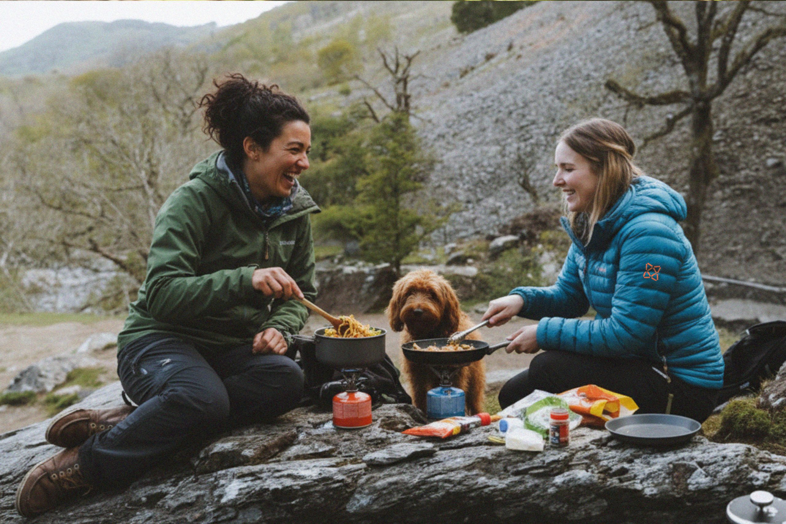 Friends sharing food beside a stream in a rocky landscape.