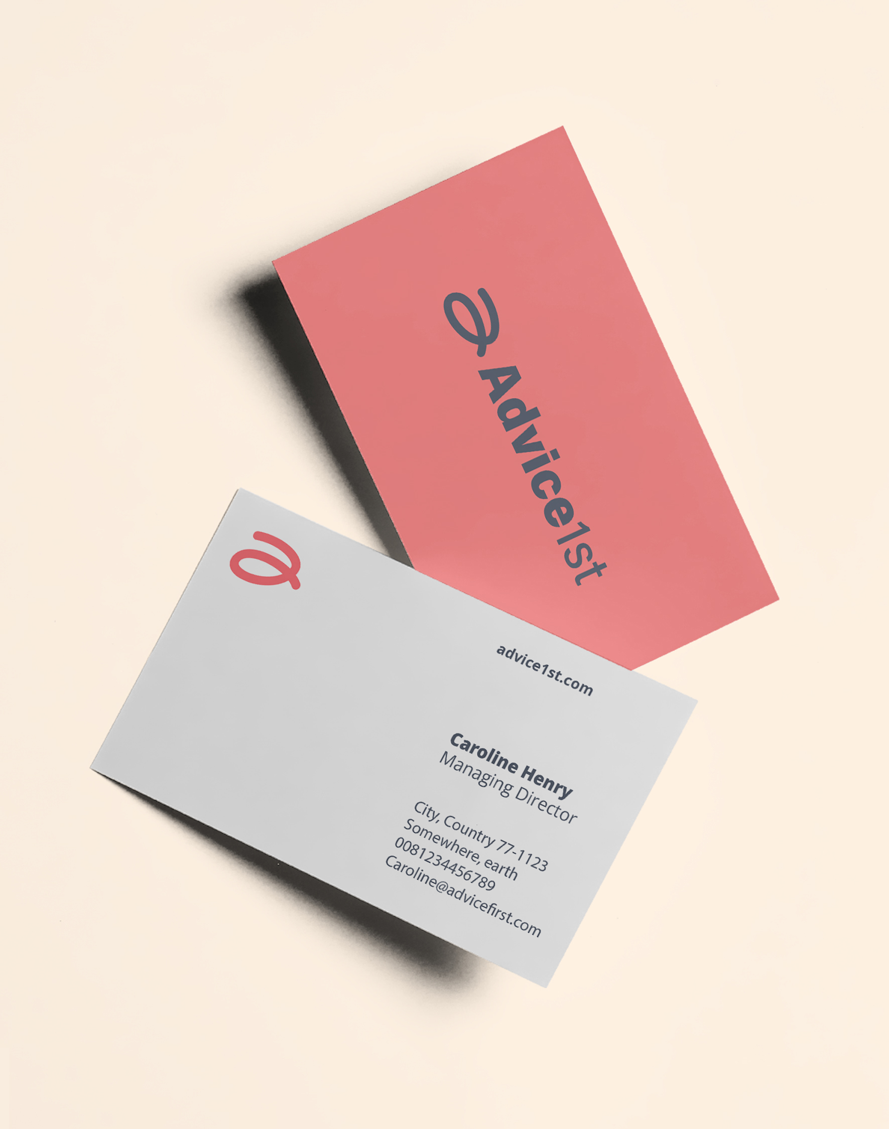 Advice 1st business cards in coral and grey.