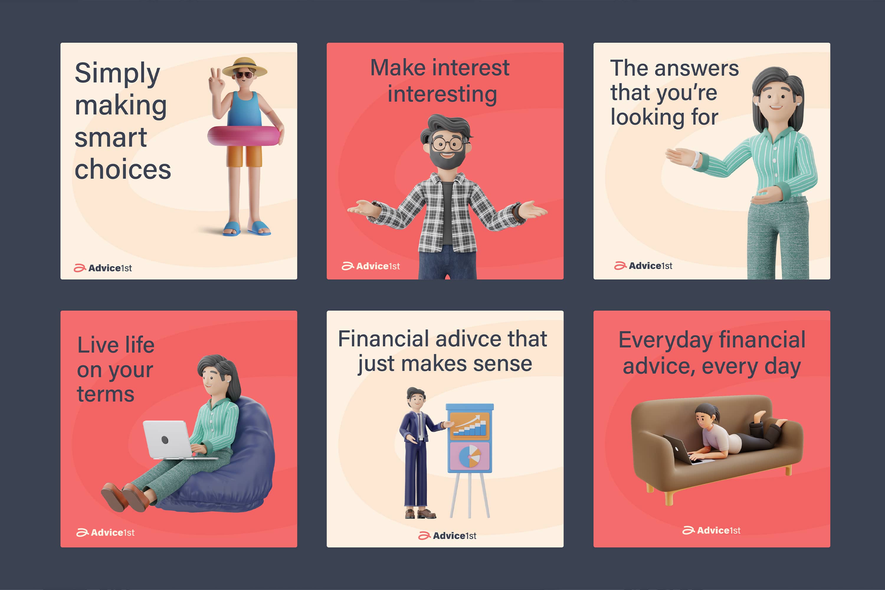 Advice 1st social media designs combining financial advice headlines and character illustrations.