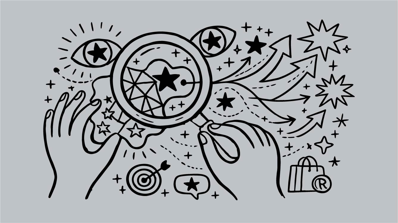 Brand audit illustration with a magnifying glass, targets and stars.