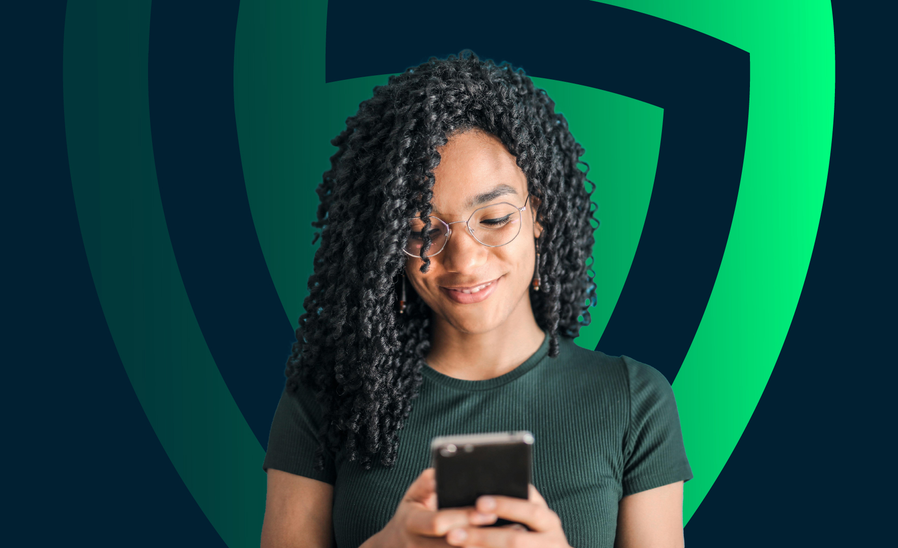 Block Debt brand identity featuring a woman using her phone against a green shield motif.