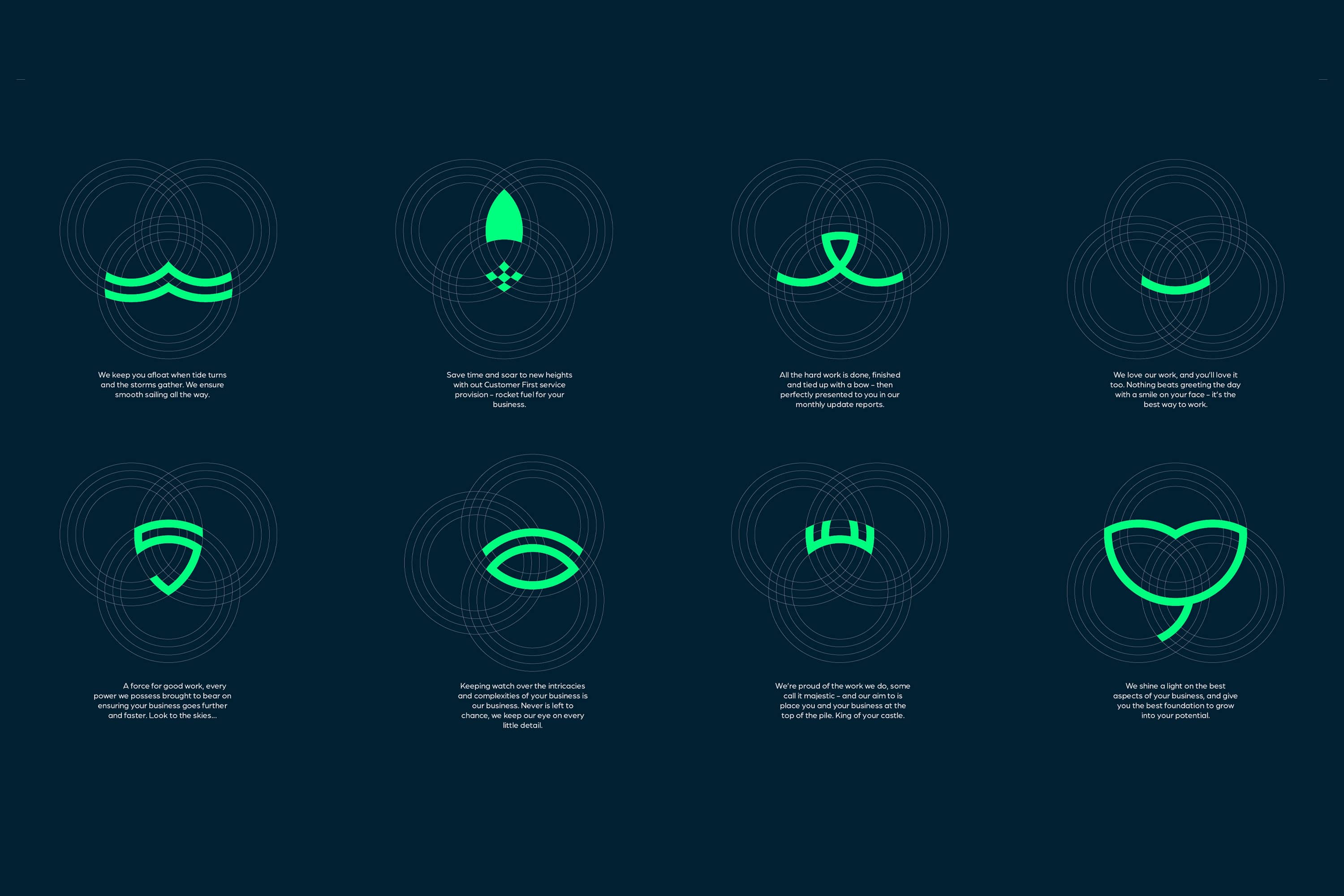 Block Debt green line icons on a navy background.
