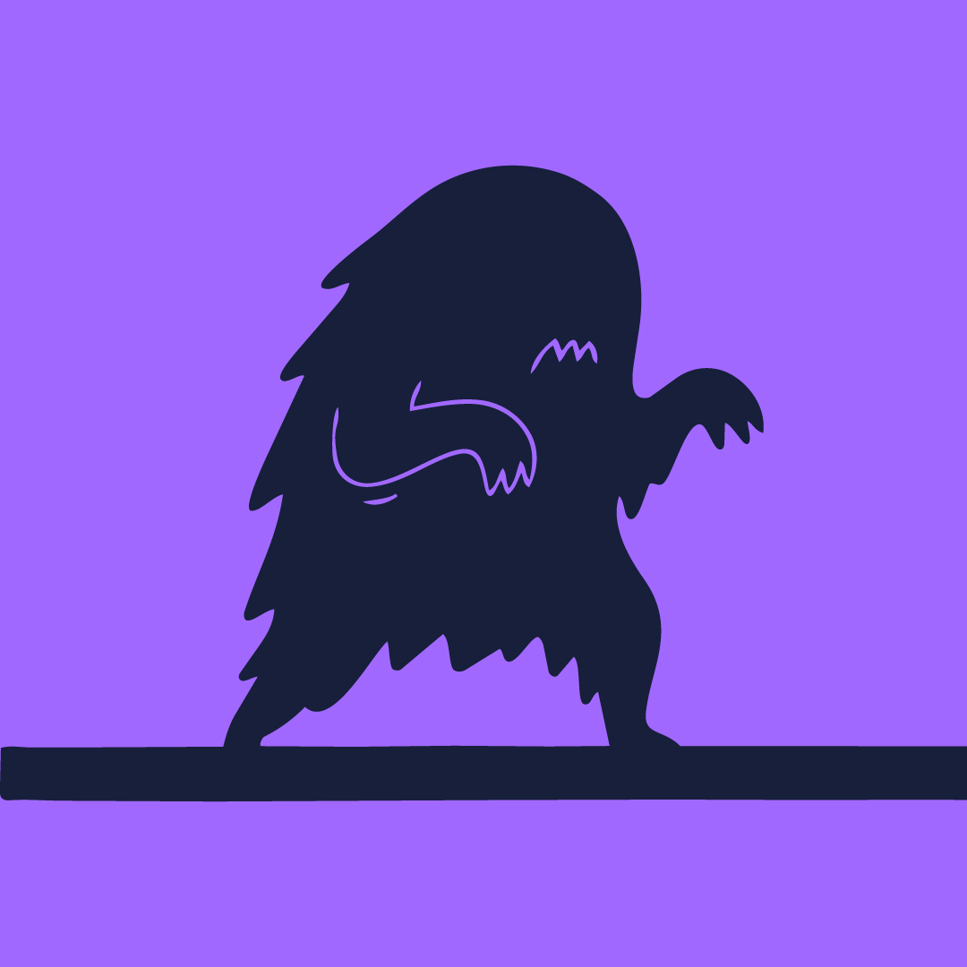 A dark, friendly monster on a purple background.
