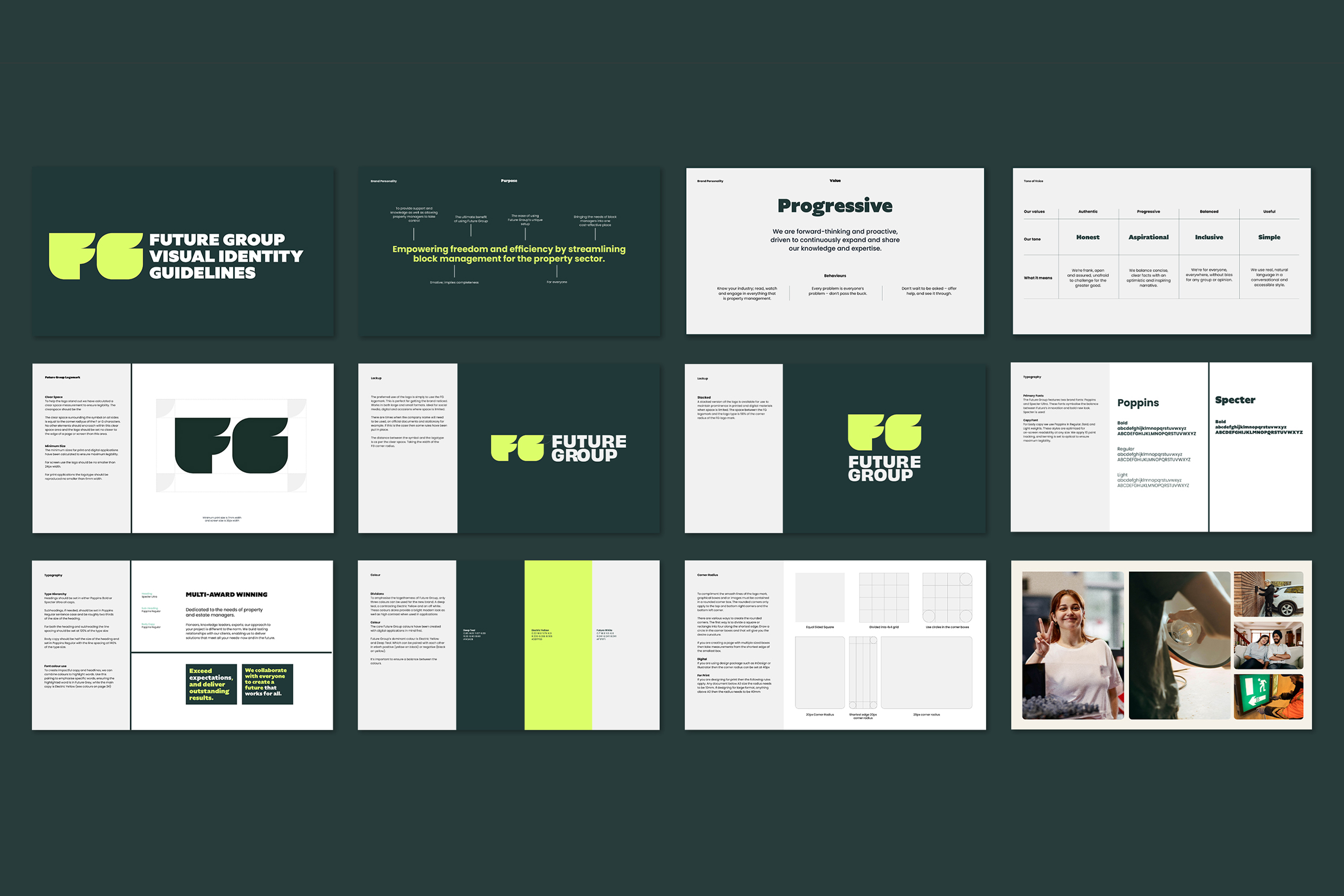 Future Group brand guidelines showing its logo, colours, typography and applications.