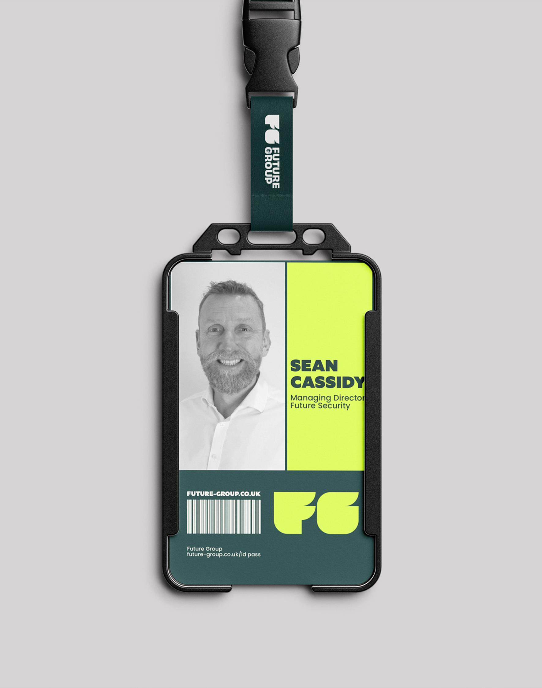 A Future Group staff pass with a green lanyard.