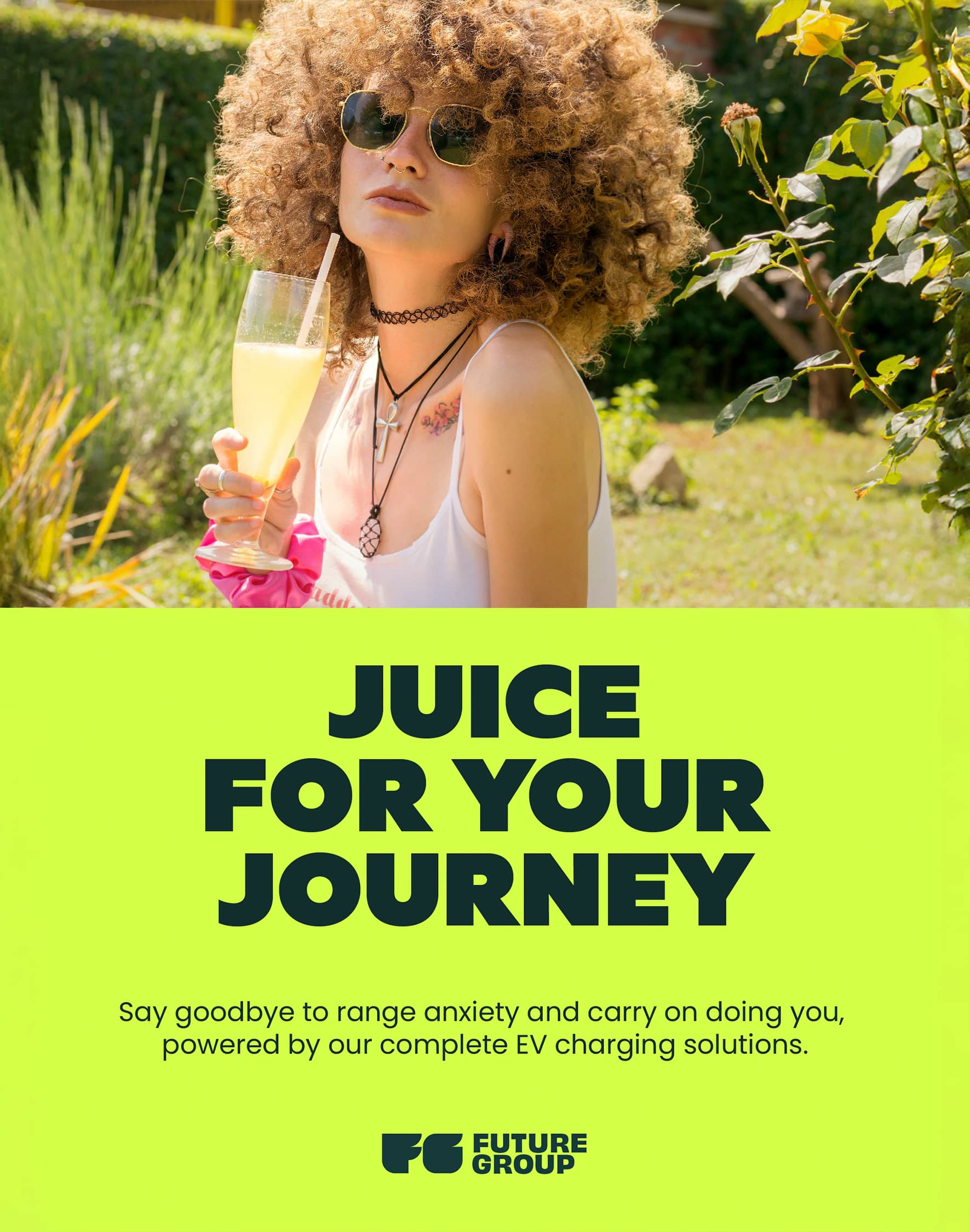 Future Group campaign: “Juice for your journey”, beneath a woman drinking outdoors.