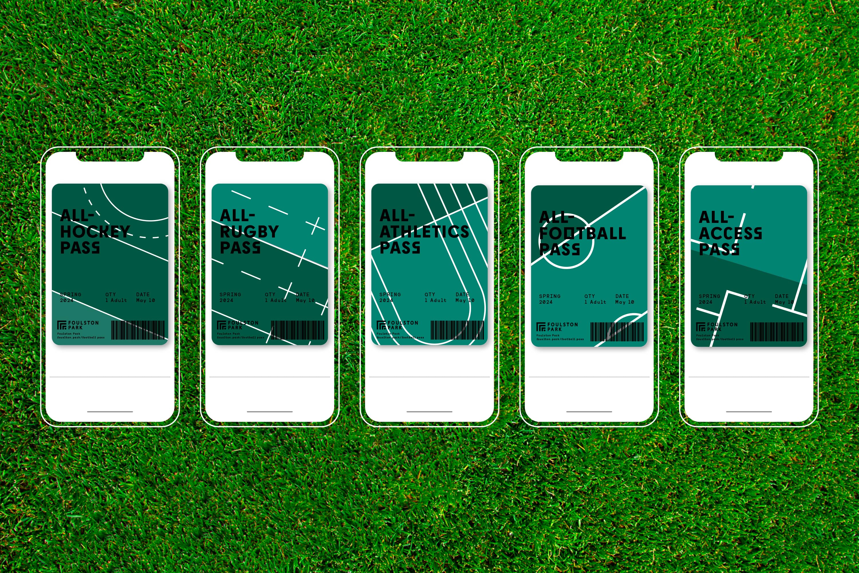 Foulston Park digital tickets displayed on five phones.
