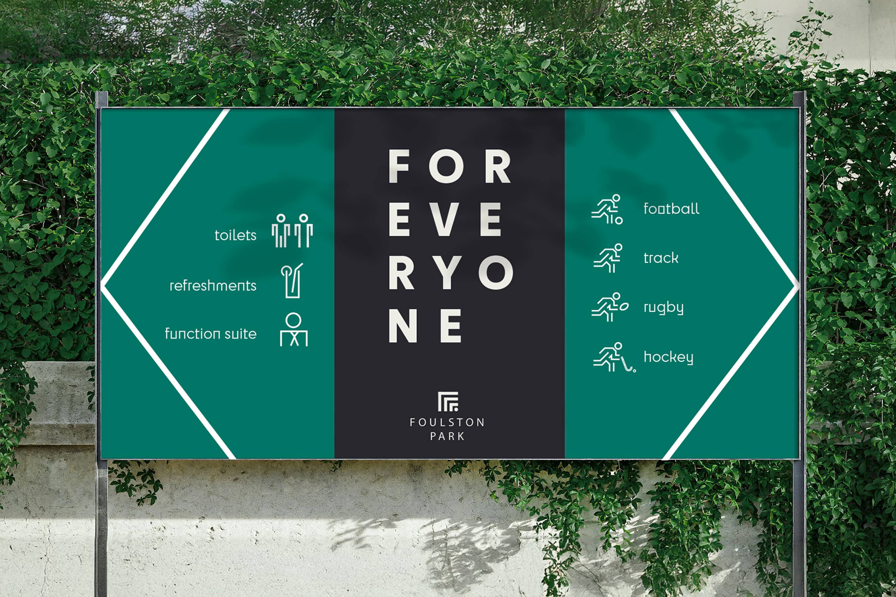 Green Foulston Park wayfinding signs with the message “For everyone”.