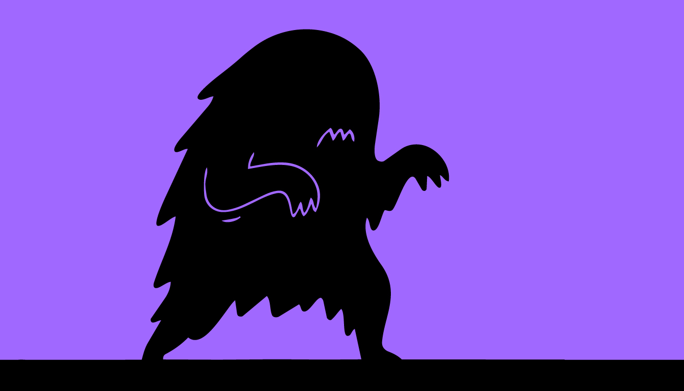 A dark, friendly monster on a purple background.