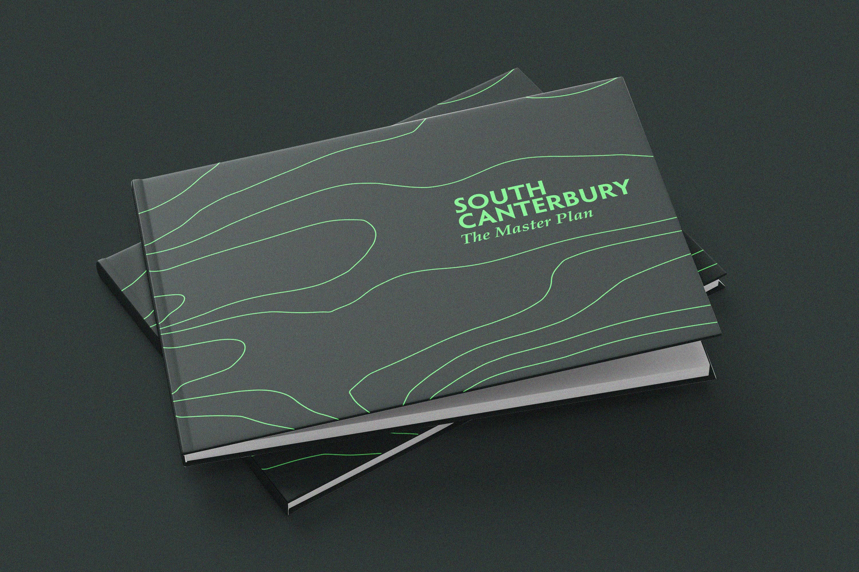 South Canterbury project book cover with contour lines on dark green.