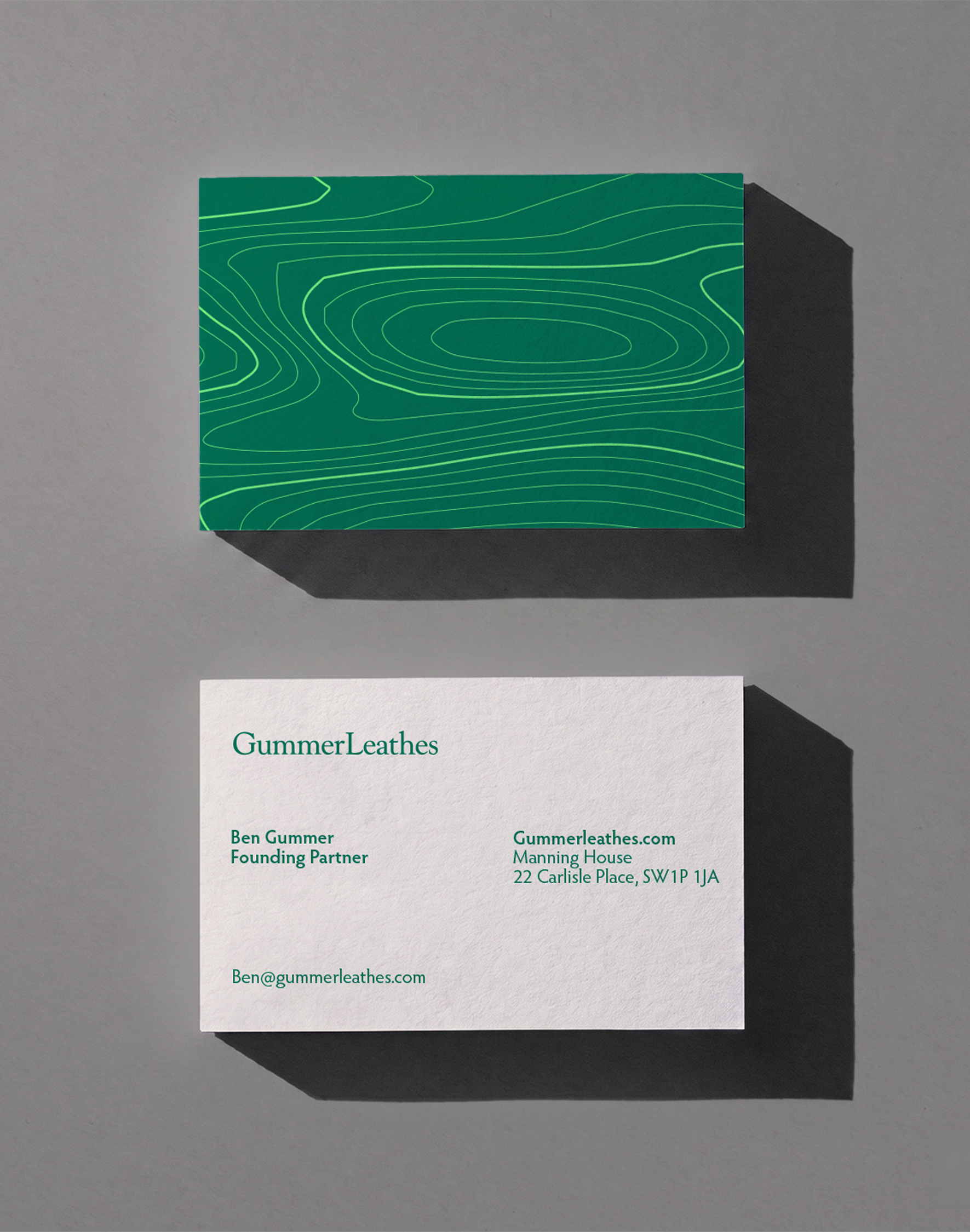 GummerLeathes business cards with green contour-line artwork.
