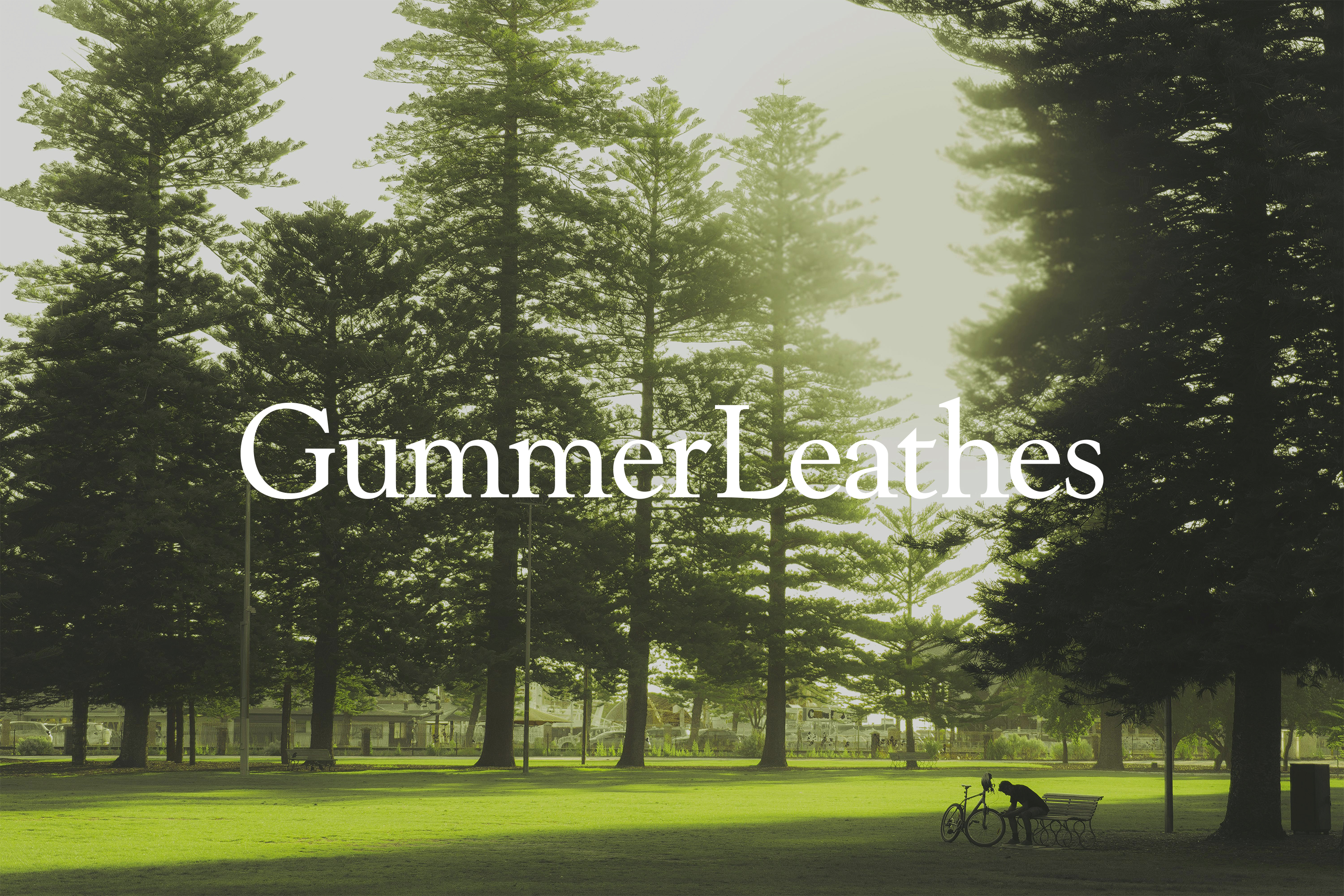 GummerLeathes wordmark over a sunlit landscape of tall trees.