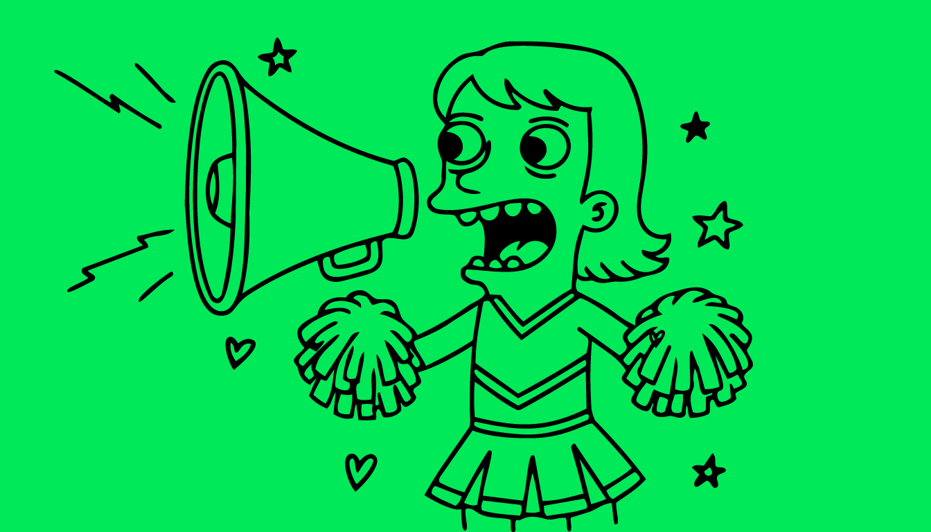 Illustrated character speaking through a megaphone on a green background.