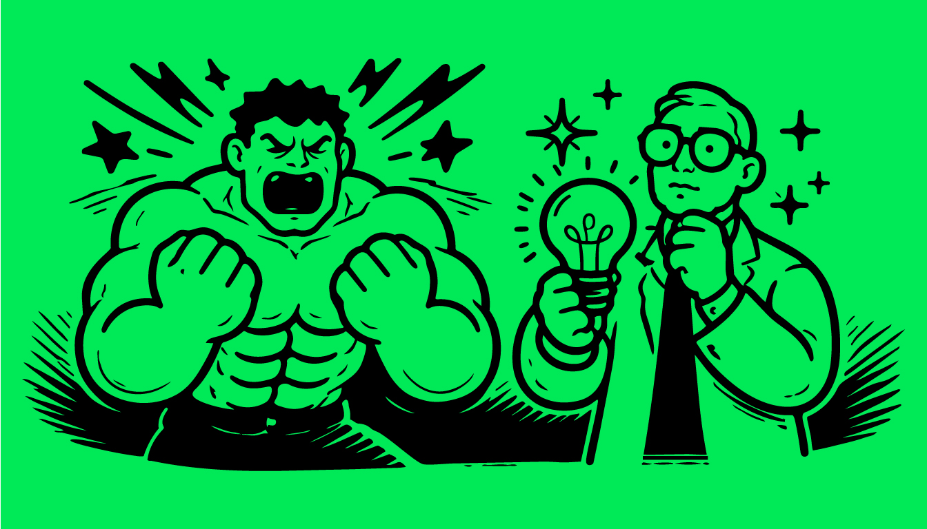 The Hulk beside a scientist with a lightbulb, illustrating strength and ideas.