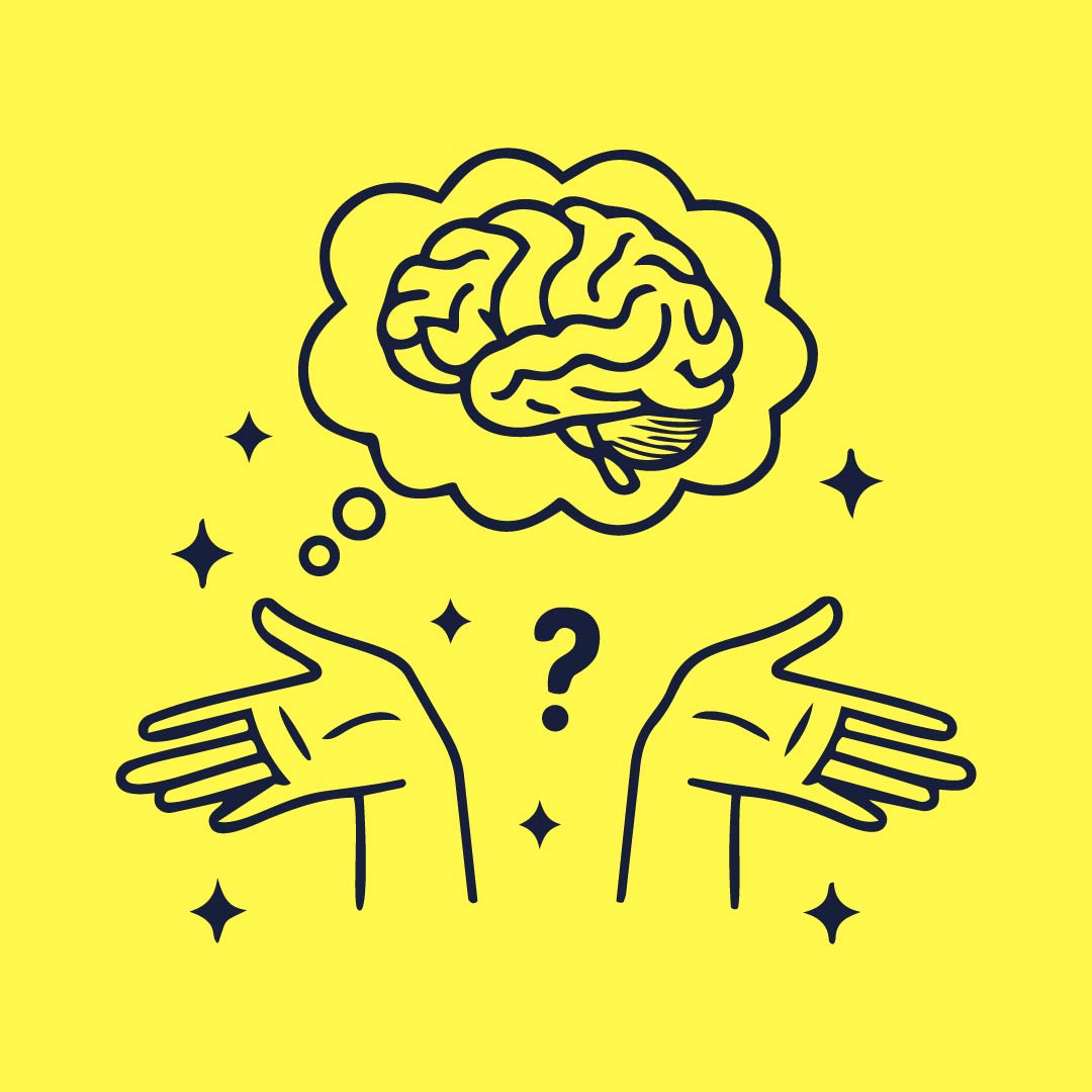 A brain above open hands and question marks on a yellow background.