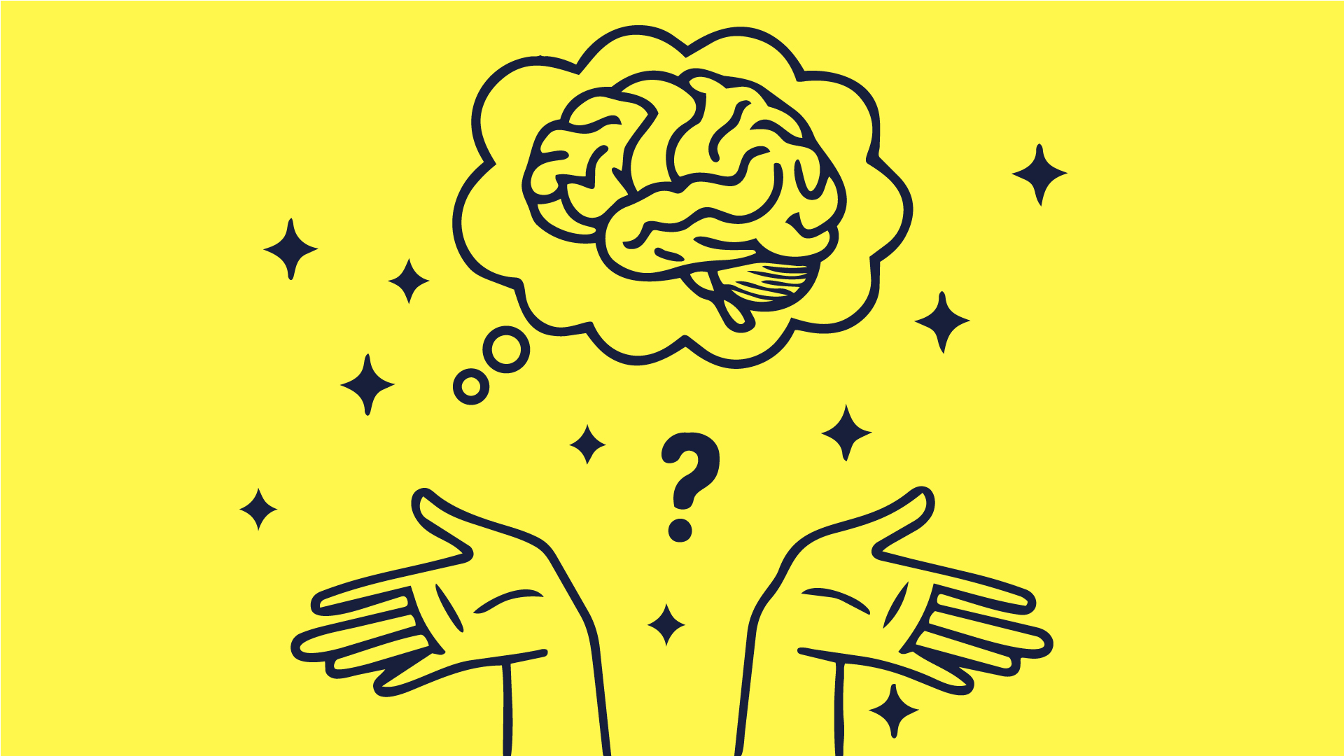 A brain above open hands and question marks on a yellow background.