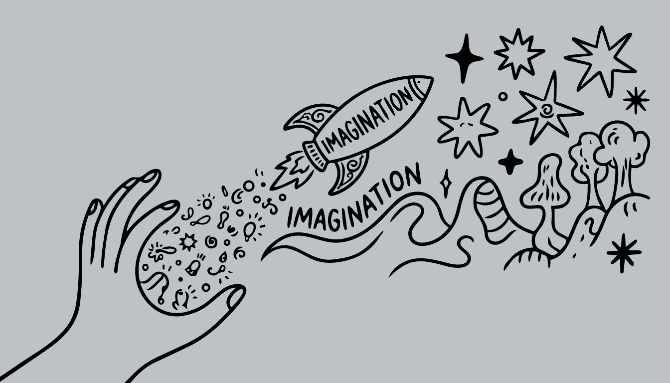 An outstretched hand releasing playful symbols and the words “imagination” and “inspiration”.