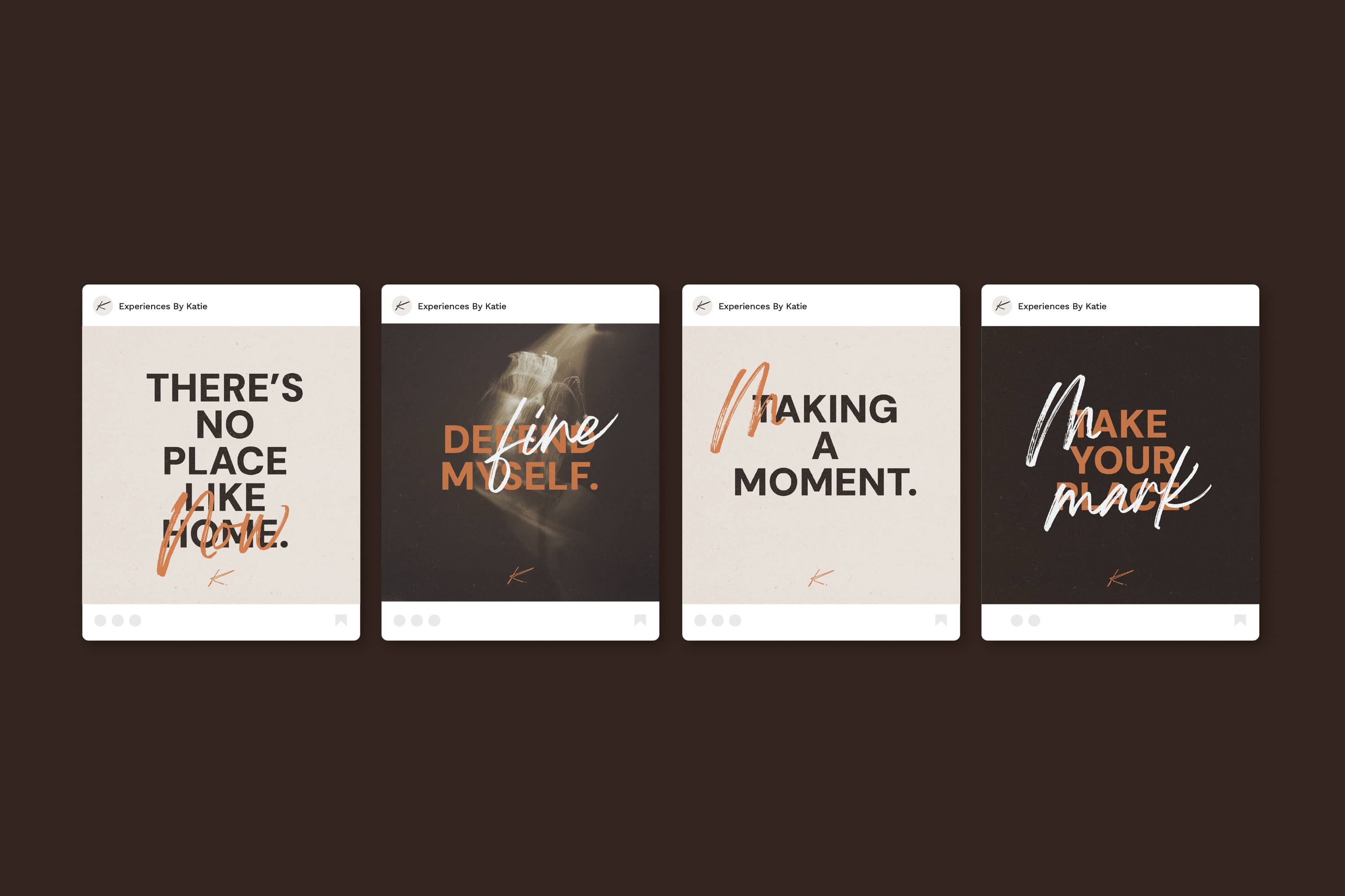 Experiences by Katie social media tiles with expressive typography and gold accents.