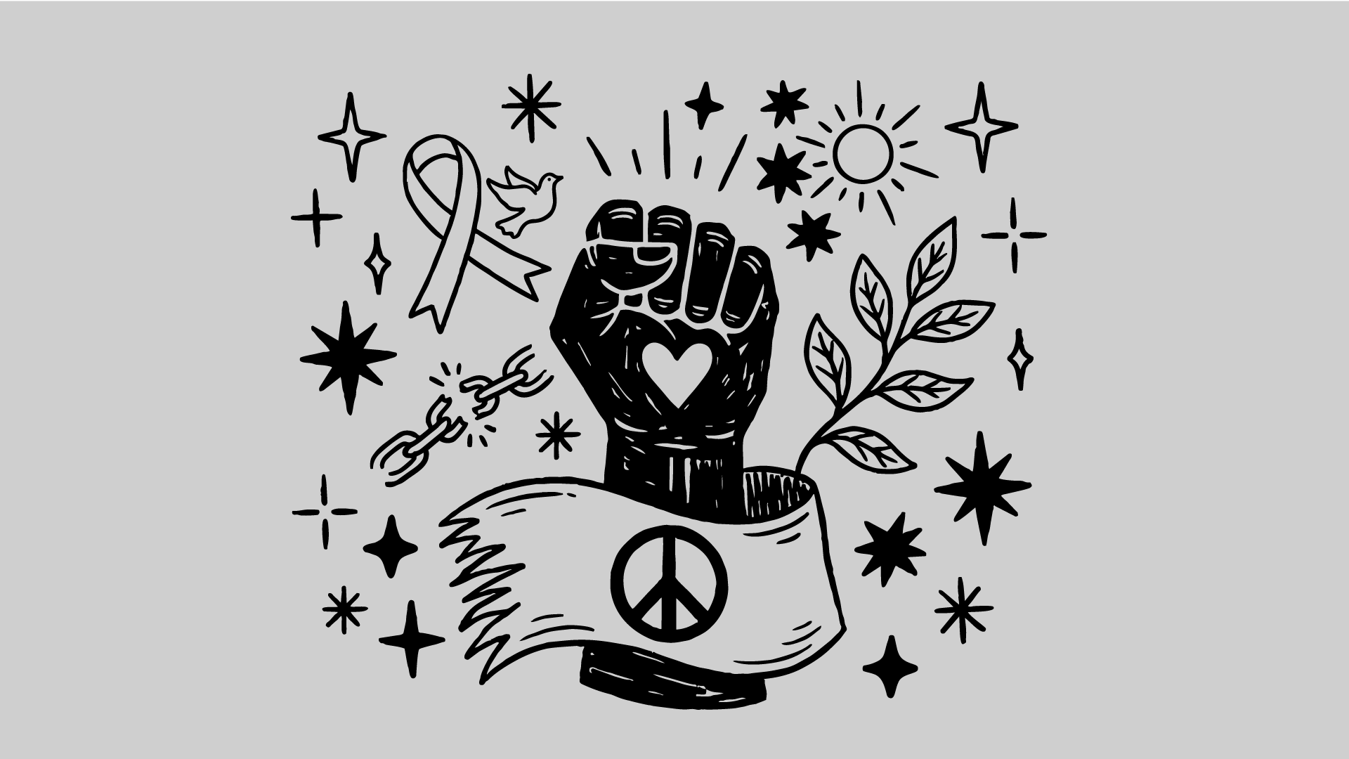A raised fist surrounded by creative symbols above a peace-sign banner.