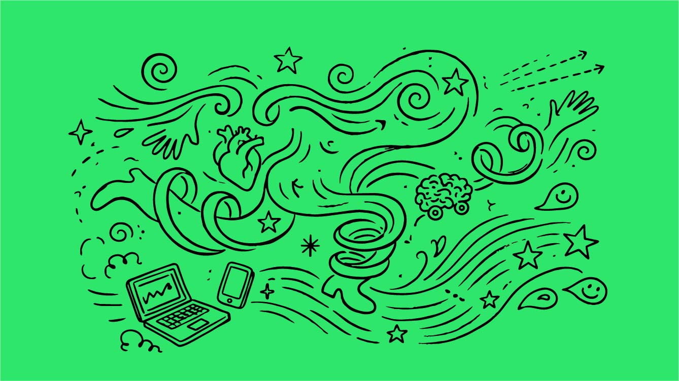 Campaign illustration with a megaphone, camera, laptop and flowing creative symbols.