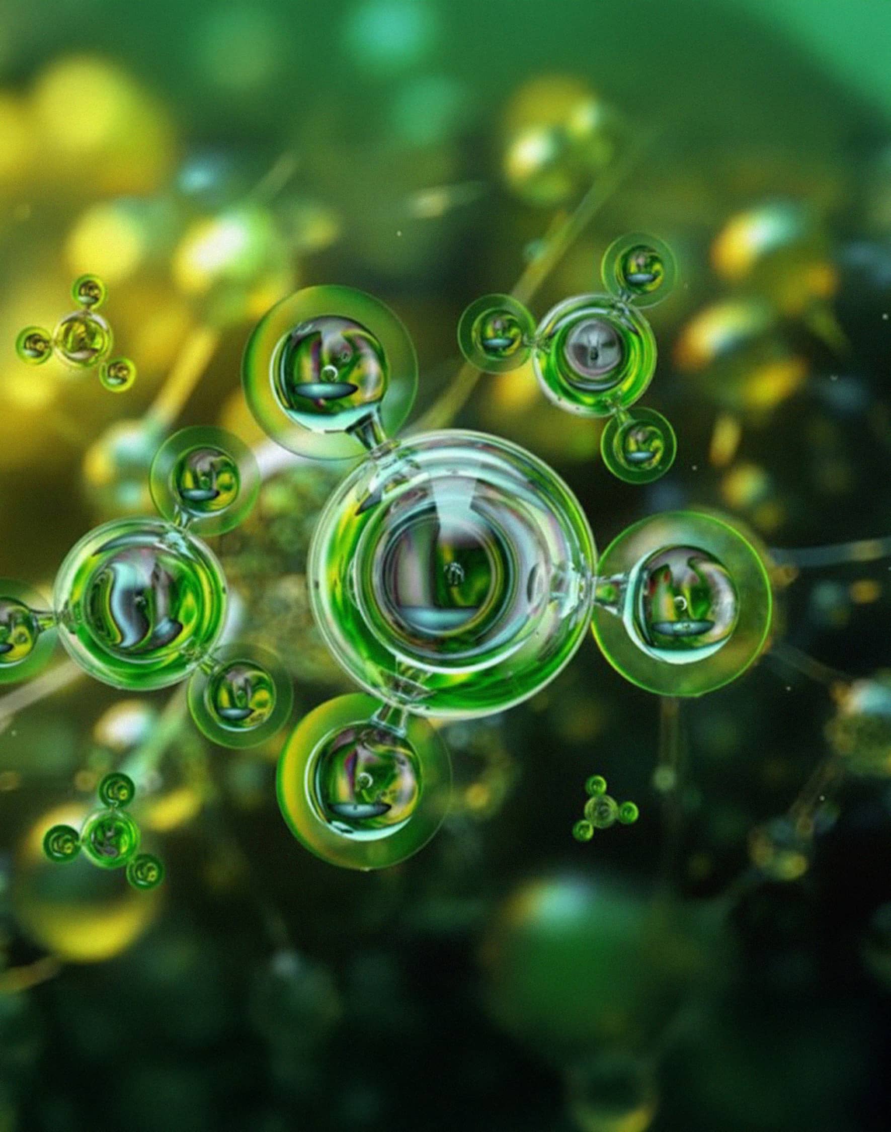 Green bubbles with molecular symbols, illustrating Ocean NRG’s energy theme.