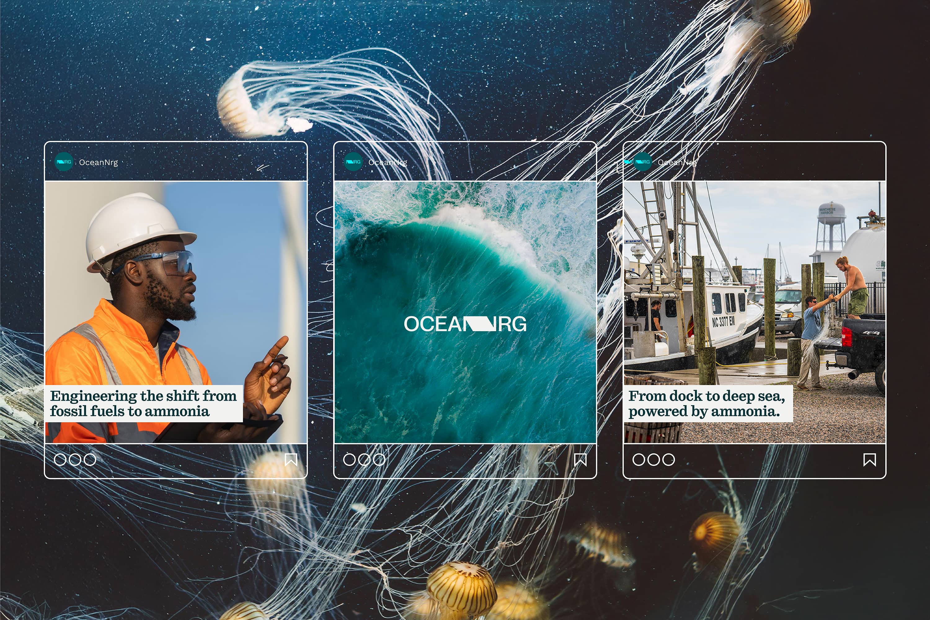 Ocean NRG social media designs combining energy imagery and wave graphics.