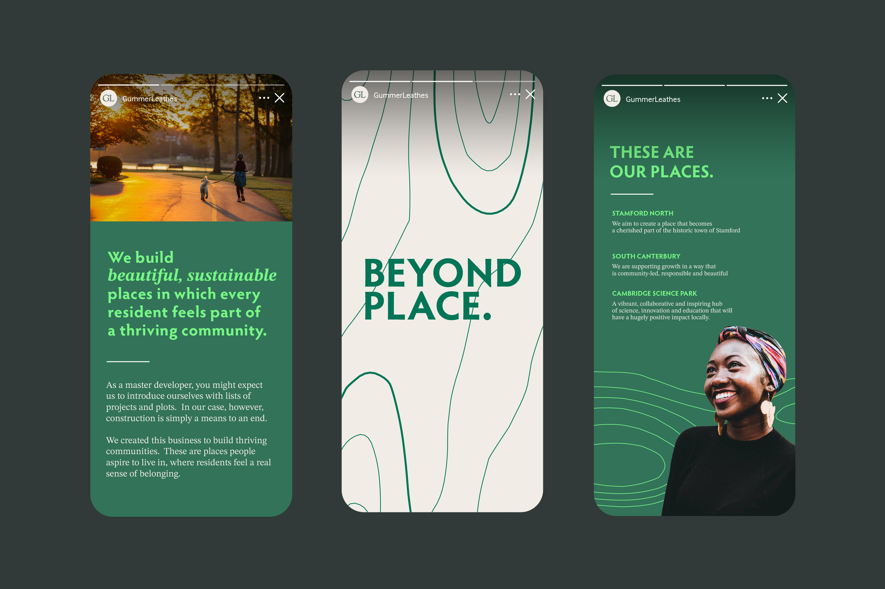 GummerLeathes social media story designs with contour lines and the message “Beyond place”.