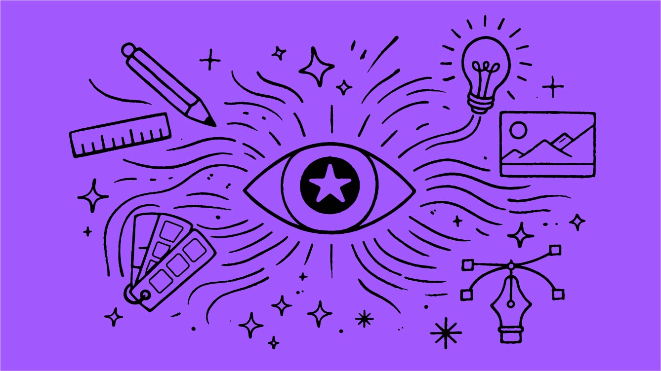 Brand design illustration with an eye, pencil, ruler and lightbulb.