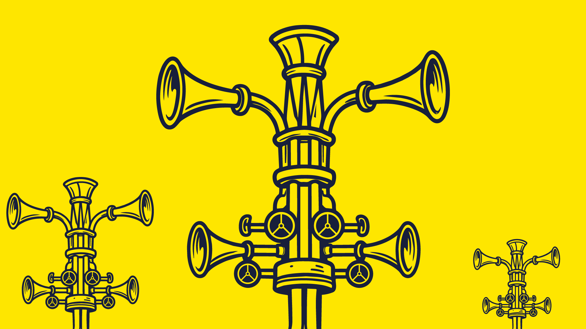 A branching cluster of loudspeakers on a yellow background.