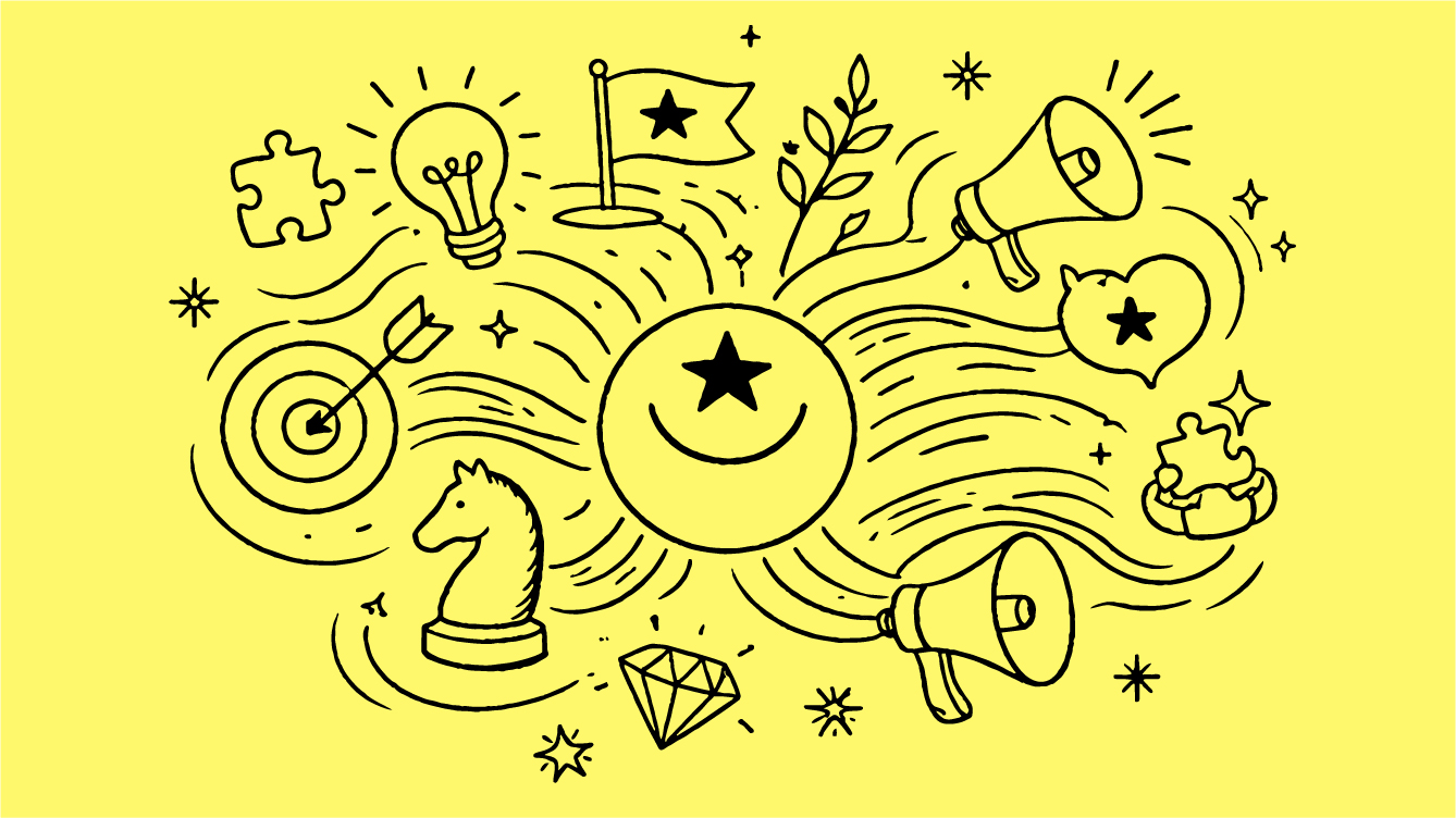 Brand strategy illustration with a lightbulb, target, flag and megaphone.