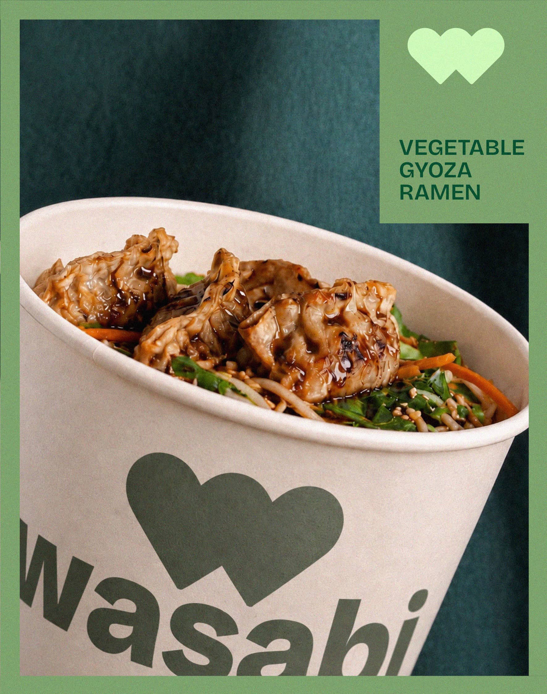 Wasabi vegetable gyoza ramen packaging with the heart-shaped logo.