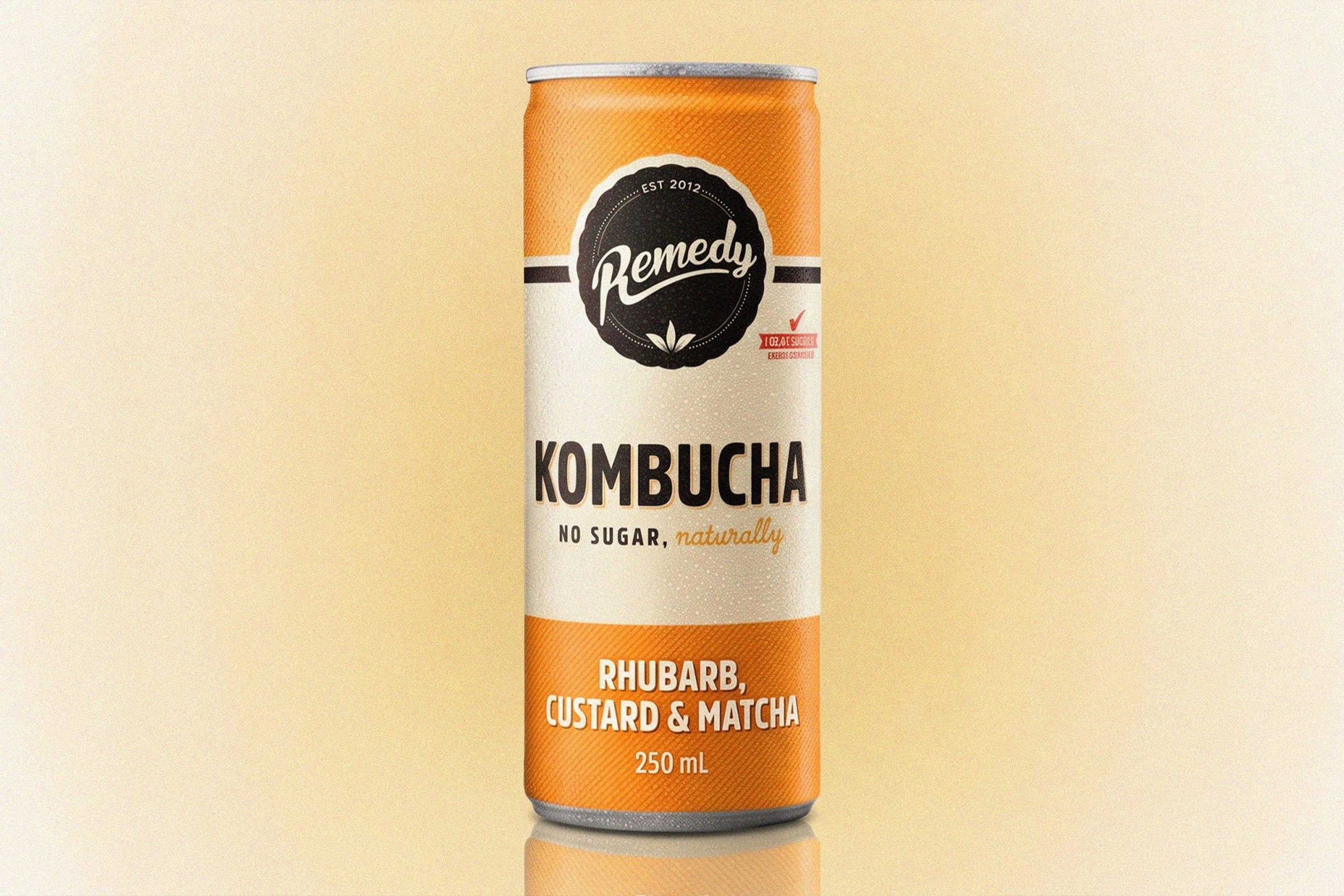 A yellow can of Remedy kombucha photographed for the Wasabi project.
