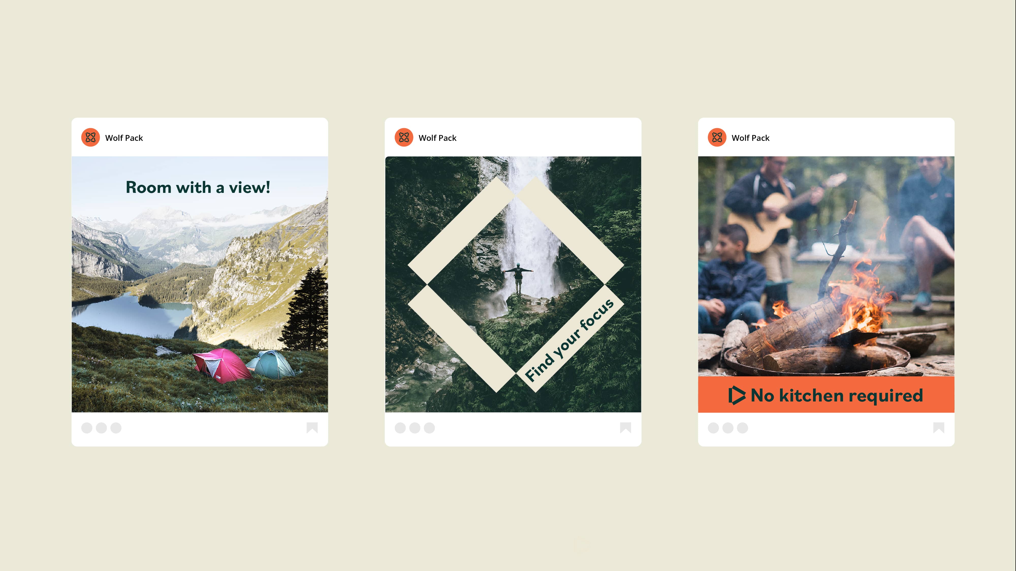 Wolf Pack social media designs featuring camping, landscapes and outdoor experiences.
