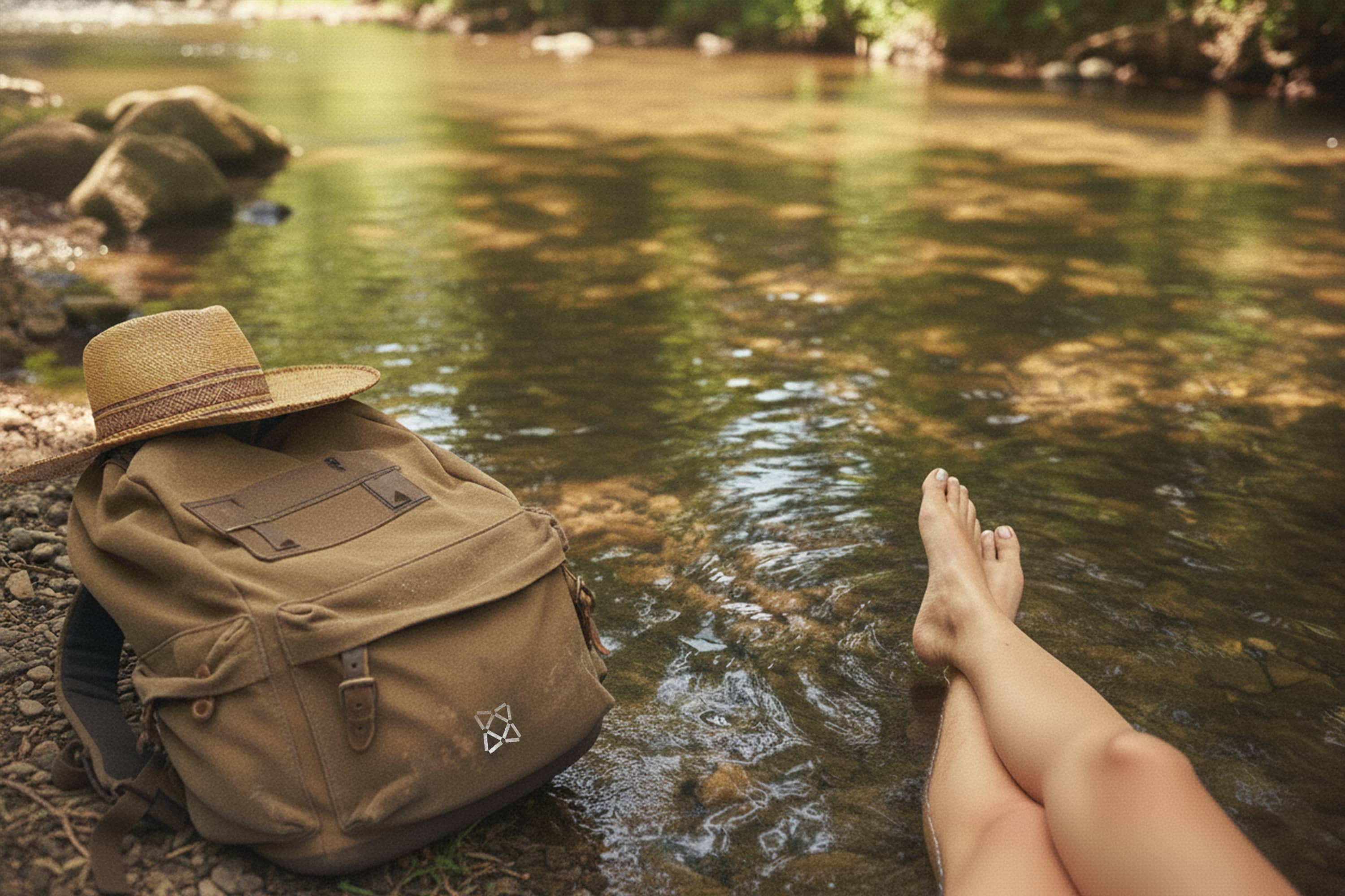 A backpack beside a swimmer’s feet at the edge of a lake.